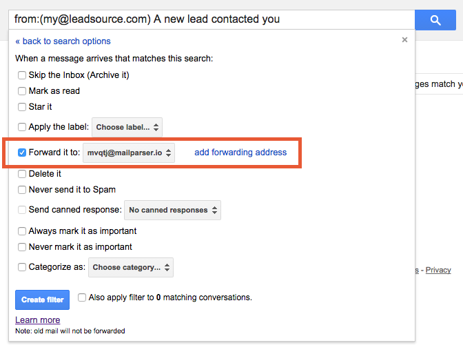 Gmail Create Forwarding Filter