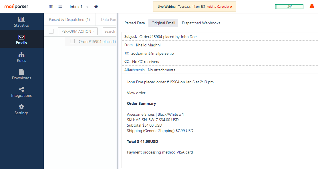 Shopify Order Workflow Mailparser Inbox
