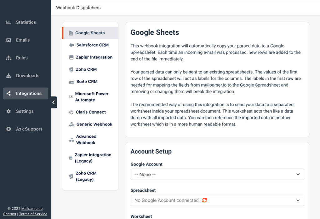 Mailparser Integrations - Google Sheets
