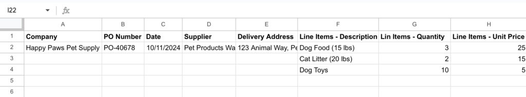 Convert PDF to Google Sheets - Exported Data