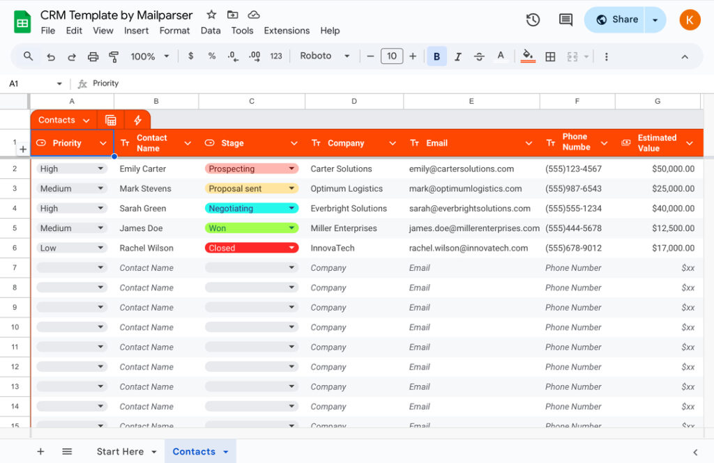 Google Sheets CRM Template by Mailparser - Contacts